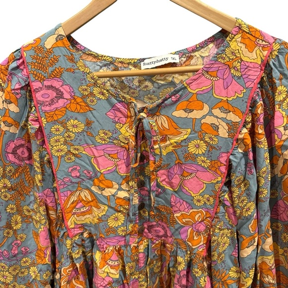 Rusttydustty Women’s 1X Floral Boho Romper Peasant Sleeve Cottagecore Chic - Picture 5 of 15